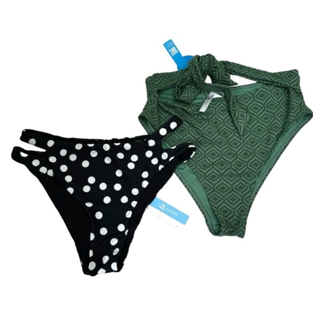 Cupshe NEW 2 Bikini Bottom Cut Out Polka Dot Retro High Waist Ties Swimsuit L